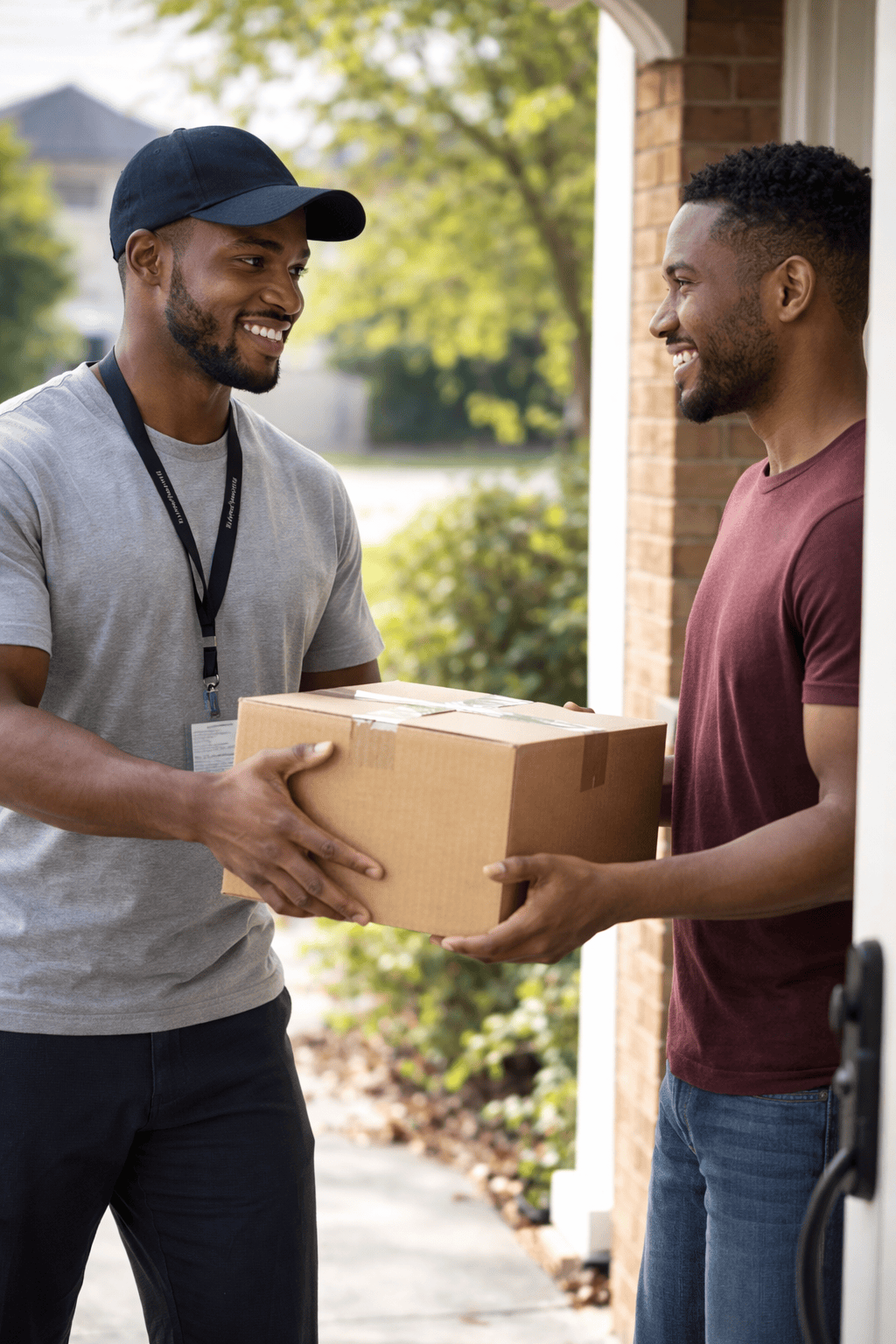 EastEnd courier delivering a package to a happy customer at their door